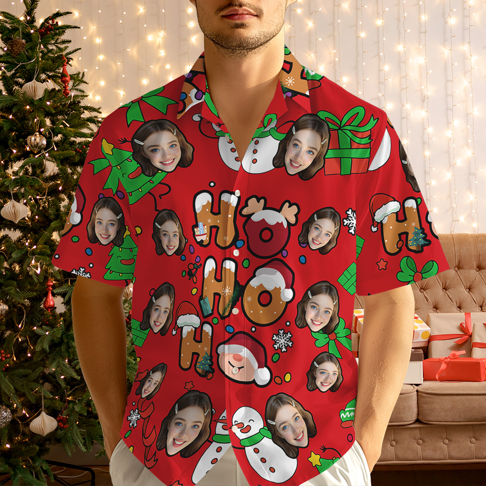 Chemise Hawaïenne Personnalisée Avec Photo « ho Ho Ho » Chemise Hawaïenne De Noël Avec Le Père Noël Mignon Et Des Icônes De Fêtes