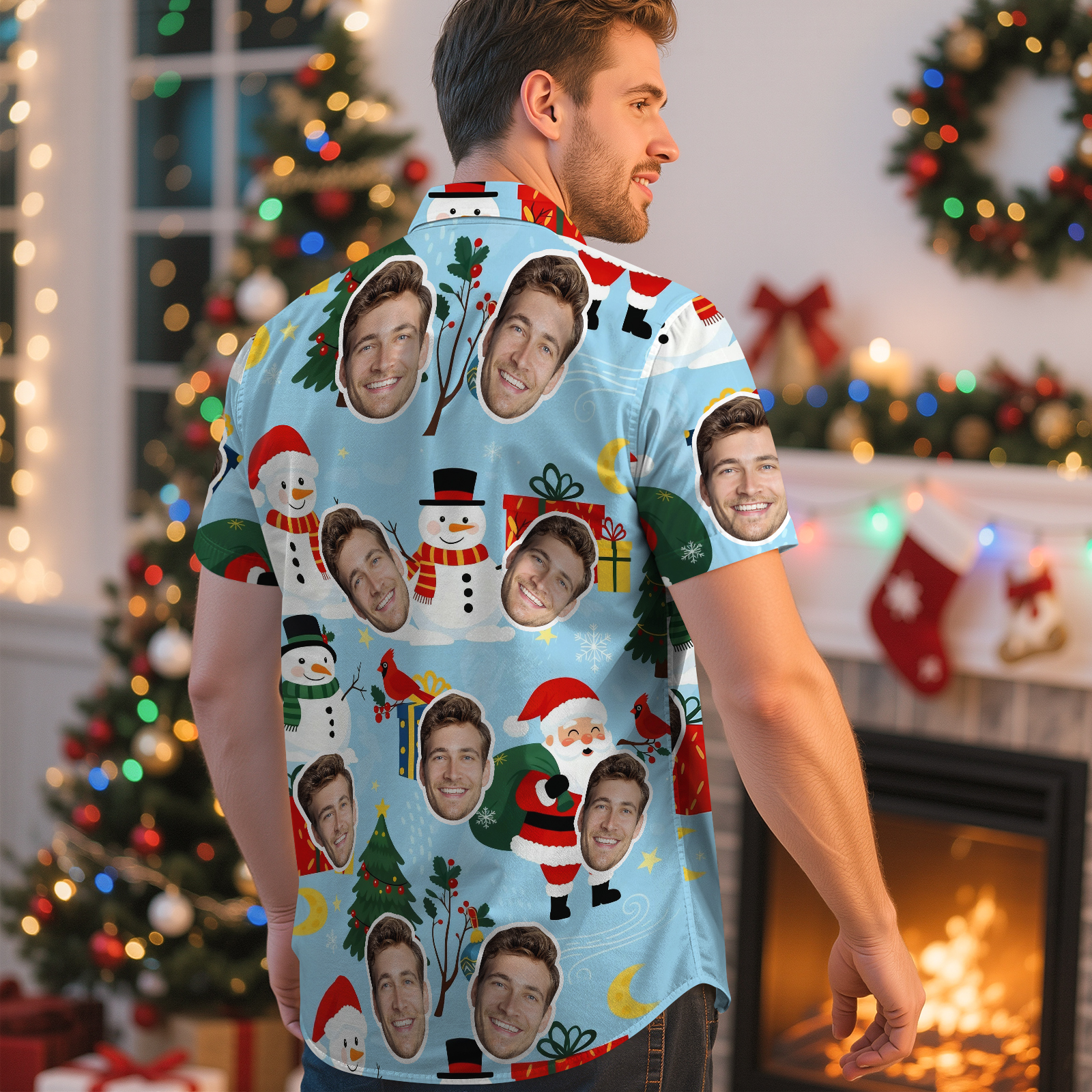 Cadeau De Noël Bleu Clair Personnalisé Visage Chemise Hawaïenne Icônes Festives Et Visages Personnalisés