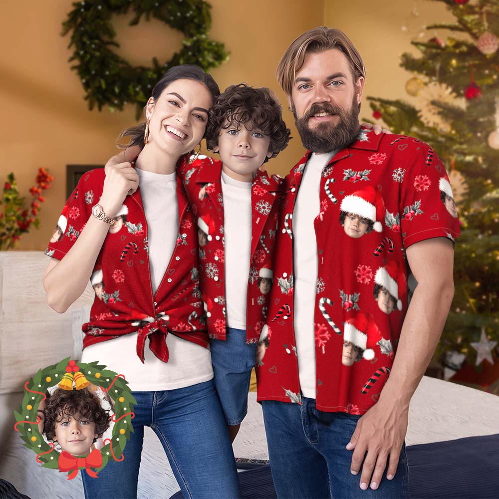 Chemise PersonnaliséeVisage Personnalisé Famille Correspondant Tenue Hawaïenne Fête De Noël À La Piscine Parent-enfant Porte - Chemises De Noël Avec Des Cannes De Bonbon Pour La Famille-MyHawaiianShirtsFR