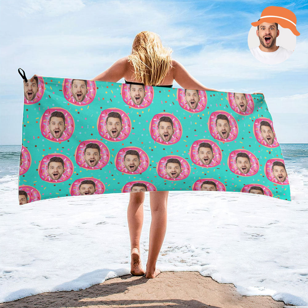 Serviette De Plage En Forme De Beignet Avec Visages Personnalisés, Serviette De Plage Avec Photo Personnalisée, Cadeau Amusant-MyHawaiianShirtsFR