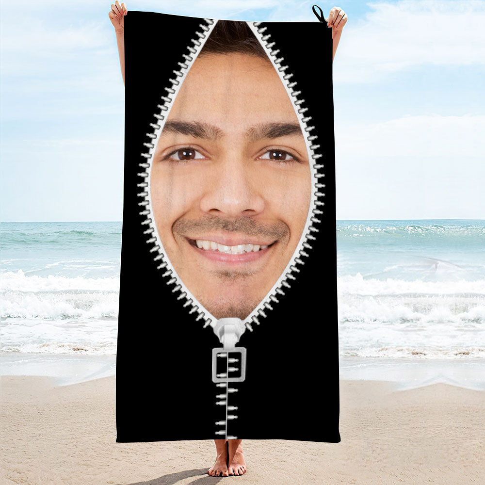 Serviette De Plage À Fermeture Éclair Avec Visages Personnalisés, Serviette De Plage Avec Photo Personnalisée, Cadeau Amusant-MyHawaiianShirtsFR