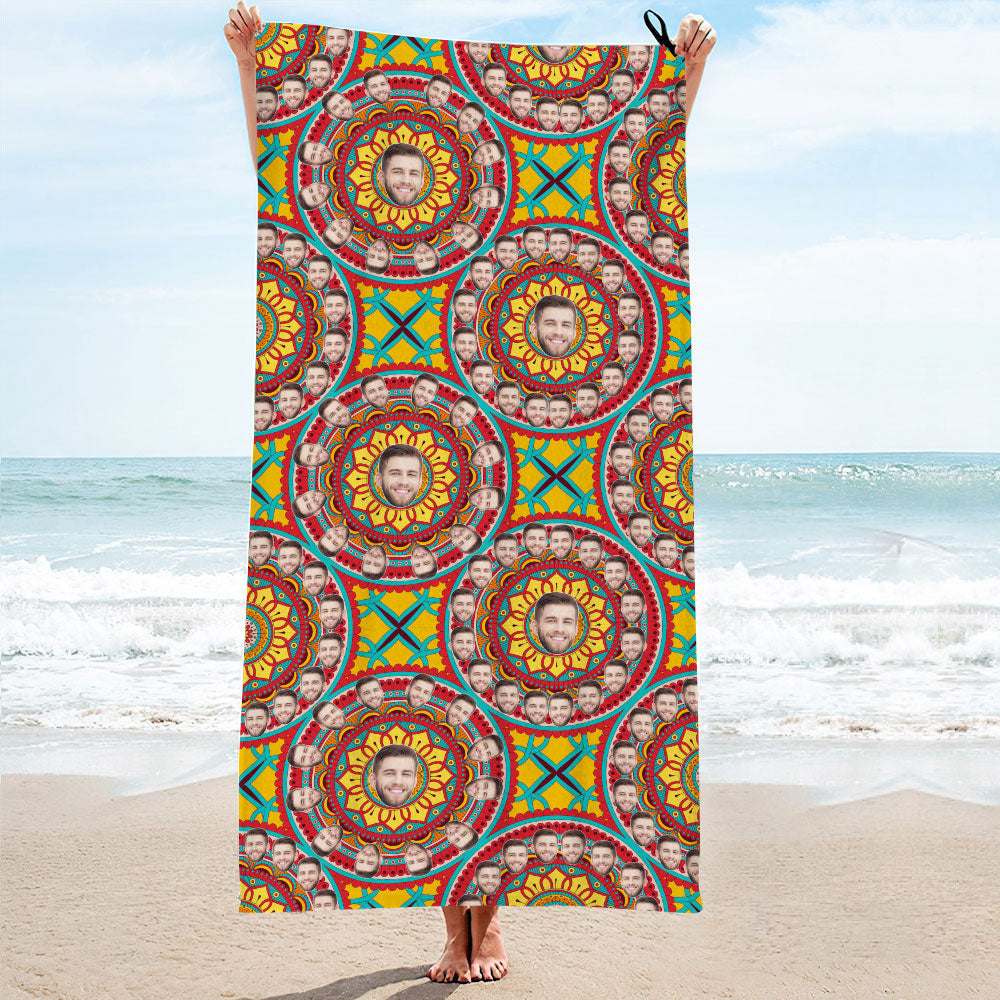 Serviette De Plage Personnalisée Avec Cercle De Visage, Serviette De Plage Avec Photo Personnalisée, Cadeau Amusant-MyHawaiianShirtsFR
