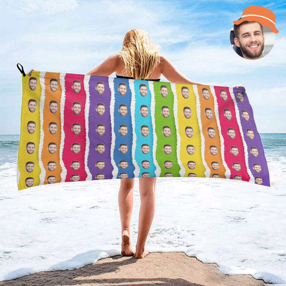 Serviette De Plage Personnalisée Avec Visage Arc-en-ciel, Serviette De Plage Avec Photo Personnalisée, Cadeau Amusant-MyHawaiianShirtsFR