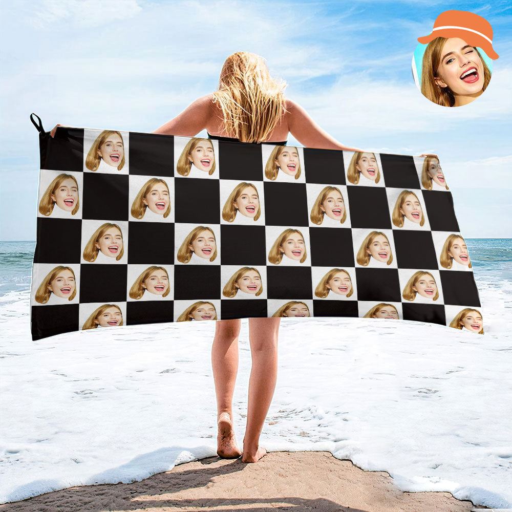Serviette De Plage Personnalisée Avec Visage D'échecs, Serviette De Plage Avec Photo Personnalisée, Cadeau Amusant-MyHawaiianShirtsFR