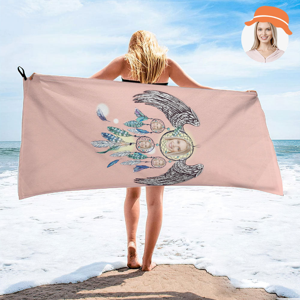 Serviette De Plage Attrape-rêves Avec Visage Personnalisé, Serviette De Plage Avec Photo Personnalisée, Cadeau Amusant-MyHawaiianShirtsFR