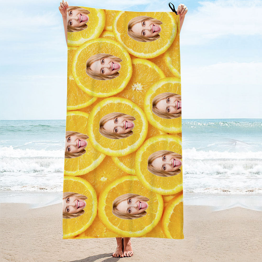 Serviette De Plage Orange Visage Personnalisé, Serviette De Plage Photo Personnalisée, Cadeau Amusant