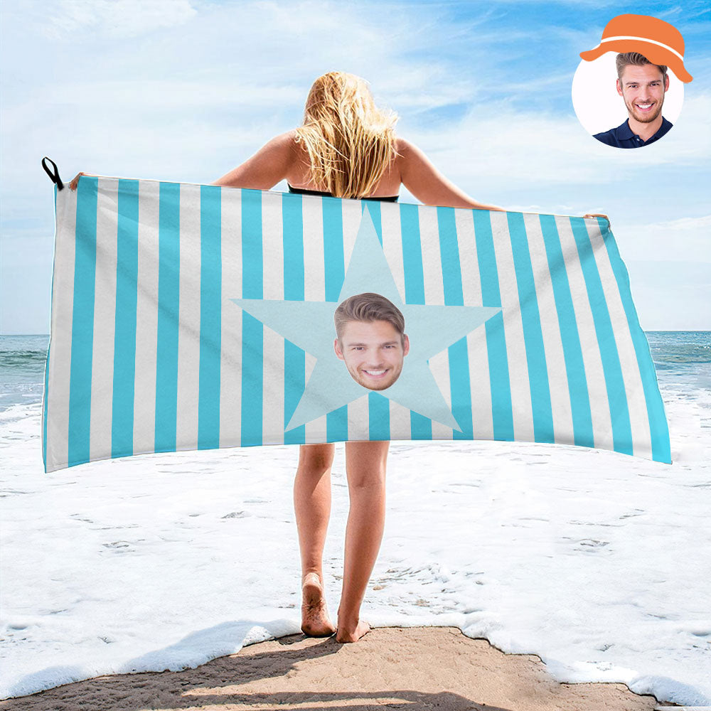 Serviette De Plage Personnalisée Avec Visage Étoile, Serviette De Plage Avec Photo Personnalisée, Cadeau Amusant-MyHawaiianShirtsFR
