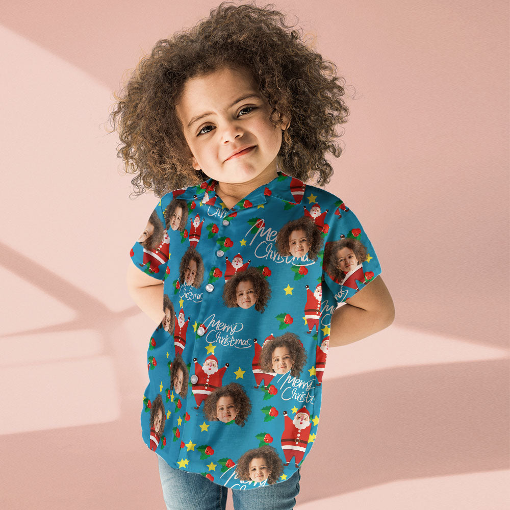 Chemise PersonnaliséeChemise Visage Personnalisée Photo Personnalisée Chemise Hawaïenne Pour Enfant Cadeau De Noël - Joyeux Père Noël-MyHawaiianShirtsFR