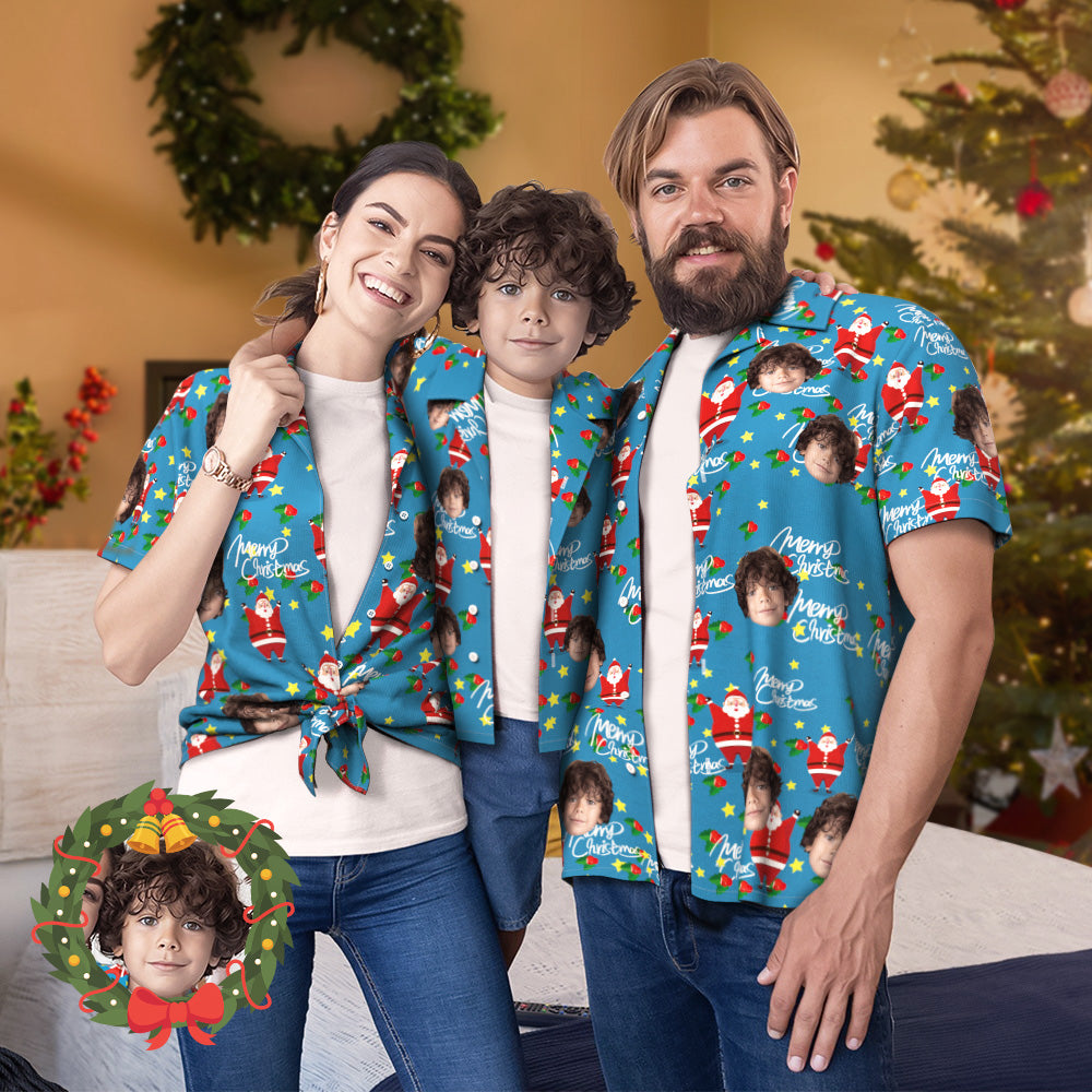 Chemise PersonnaliséeVisage Personnalisé Famille Correspondant Tenue Hawaïenne Fête De Noël À La Piscine Parent-enfant Porte-joyeux Père Noël-MyHawaiianShirtsFR