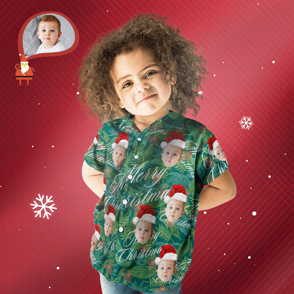 Chemise PersonnaliséeChemise Hawaïenne Personnalisée Pour Enfant, Visage Personnalisé, Joyeux Noël, Feuilles Imprimées Partout-MyHawaiianShirtsFR