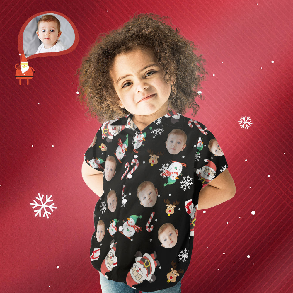 Chemise PersonnaliséeChemise Hawaïenne De Noël Pour Enfants, Visage Personnalisé, Bonhomme De Neige, Ski, Canne En Bonbon, Cadeaux De Vacances-MyHawaiianShirtsFR