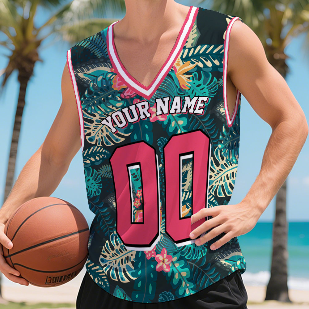 Débardeur À Col En V Hawaii Personnalisé Avec Nom Et Numéro Maillot De Basket-ball À Feuilles Tropicales Personnalisé - MyHawaiianShirtsFR