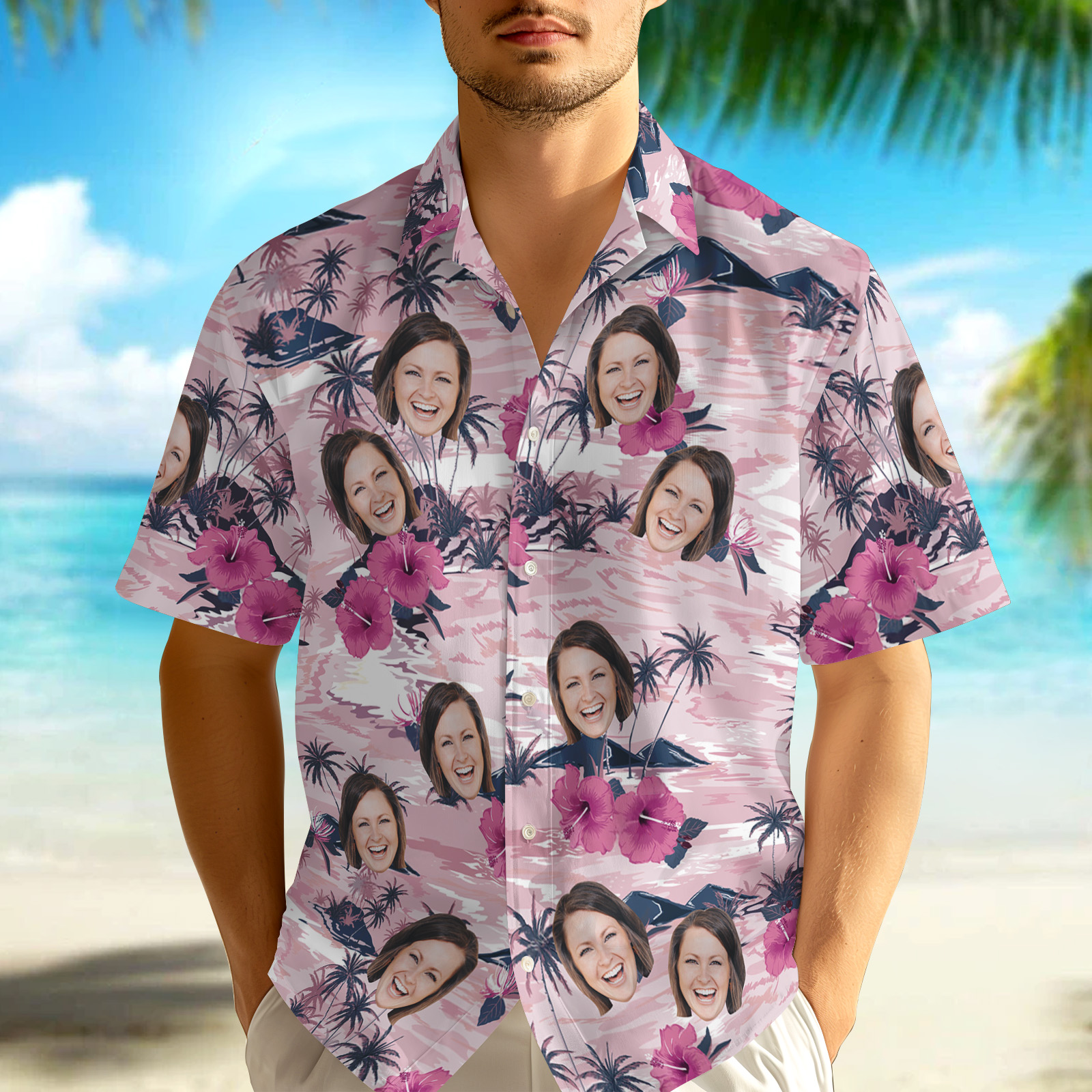Chemise Hawaïenne Personnalisée Avec Visage Imprimé Sur Toute La Surface, Motif Tropical De Vacances, Chemise Hawaïenne Personnalisée Pour Homme Avec Logo/texte, Cadeau Pour Amoureux - MyHawaiianShirtsFR