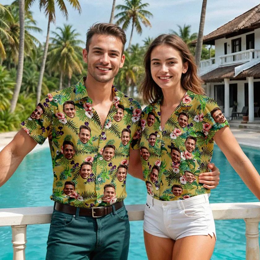 Chemise Personnalisée Chemise Hawaïenne De Couple Personnalisée, Chemise Boutonnée De Style Tropical, Cadeau Pour Couple-MyHawaiianShirtsFR
