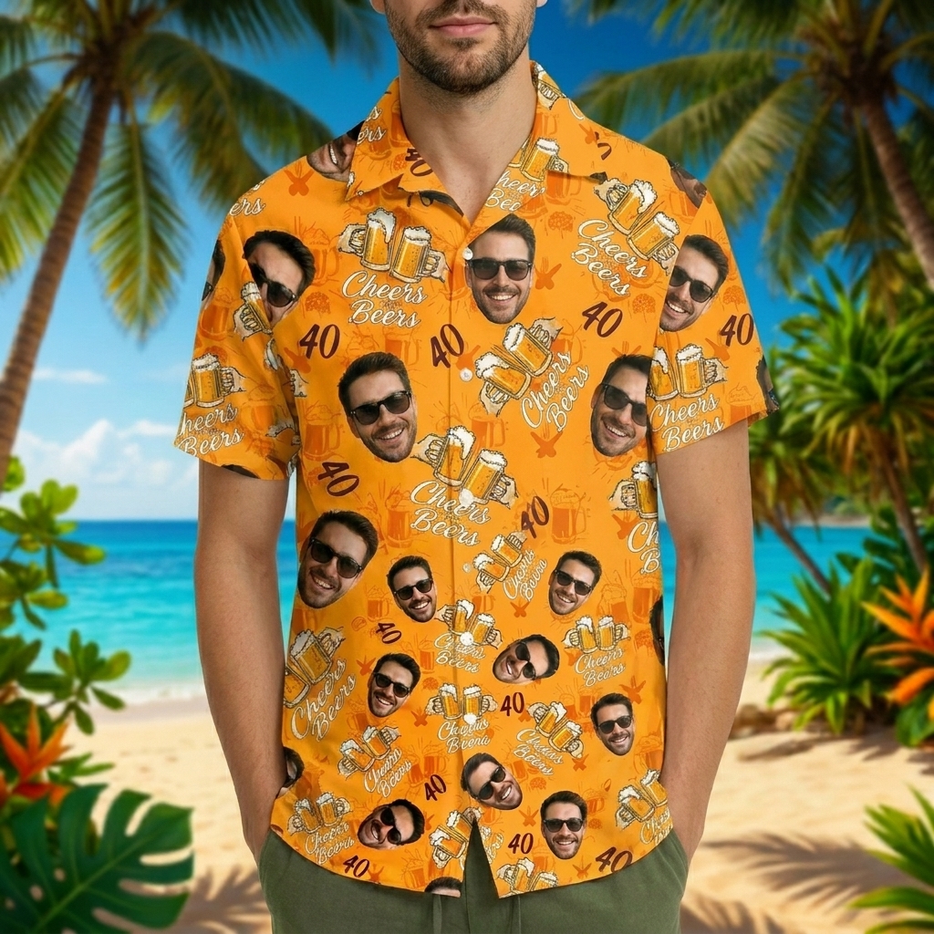 Chemise Hawaïenne D’anniversaire De Visage Personnalisé, Chemise Personnalisée Cheers And Beers Pour Hommes, Chemise De Fête Du 40e Anniversaire Avec Photo, Cadeaux Pour Papa