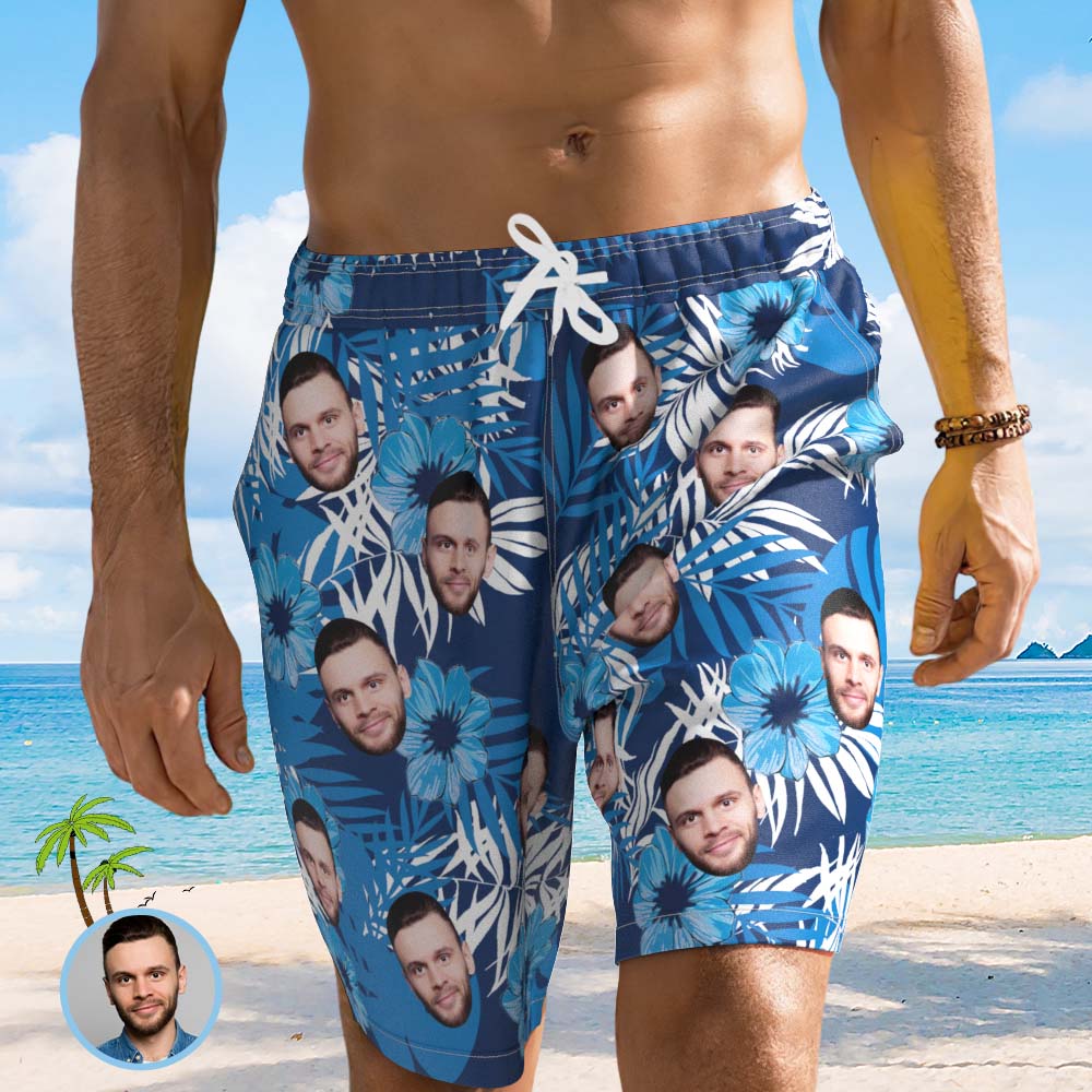 Herren-badeshorts Mit Individuellem Gesichtsfoto, Blau, Mit Tropischem Blatt- Und Blumenmuster - MyHawaiianShirtsDE