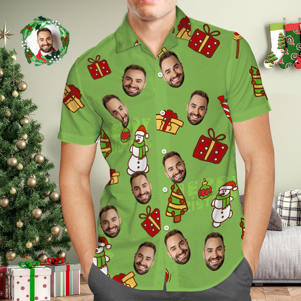 Benutzerdefiniertes Gesicht Hawaiihemd, Personalisiertes Foto, Grüne Hawaiihemden, Schneemann Und Weihnachtsgeschenk Für Ihn-MyHawaiianShirtsDE