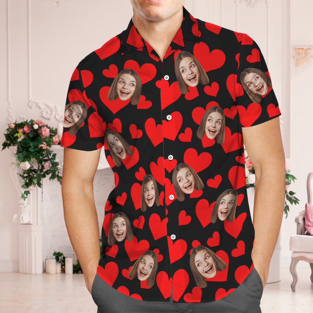 Hawaiihemd mit Gesicht Hawaiihemd Mit Individuellem Gesicht, Flamingo-tropenhemd, Paar-outfit, Rote Herzen, Valentinstagsgeschenke Für Paare-MyHawaiianShirtsDE