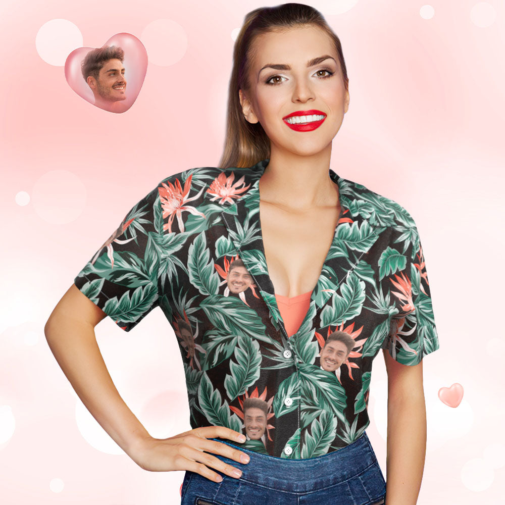 Hawaiihemd mit Gesicht Benutzerdefinierte Gesichts-polo-shirts, Personalisiertes Damen-foto-shirt, Grüne Blätter, Geschenk Für Sie-MyHawaiianShirtsDE