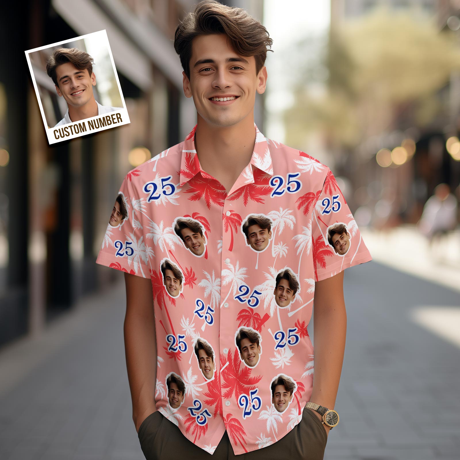 Hawaiihemd mit Gesicht Benutzerdefinierte Hawaii-hemden Mit Gesicht Und Zahl Zum Geburtstag, Rote Und Weiße Kokosnussbaum-hemden-MyHawaiianShirtsDE