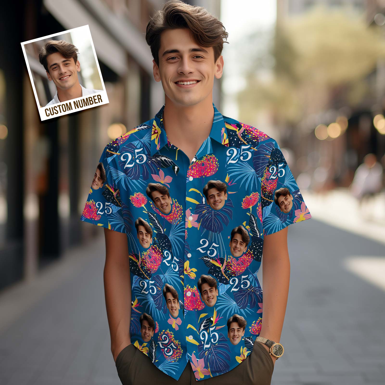 Hawaiihemd mit Gesicht Hawaiihemd Mit Individuellem Gesicht. Hawaiihemd Mit Nummer Und Gesicht, Dunkelblauen Ärmeln Und Rosa Blumen-MyHawaiianShirtsDE
