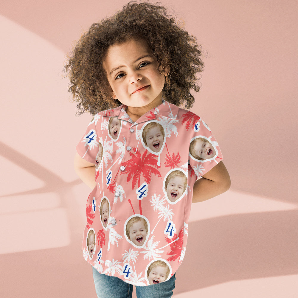 Hawaiihemd mit Gesicht Benutzerdefiniertes Gesicht Und Nummer Zum Kindergeburtstag, Hawaii-hemden, Rote Und Weiße Kokosnussbaum-hemden, Geburtstagsgeschenk-MyHawaiianShirtsDE