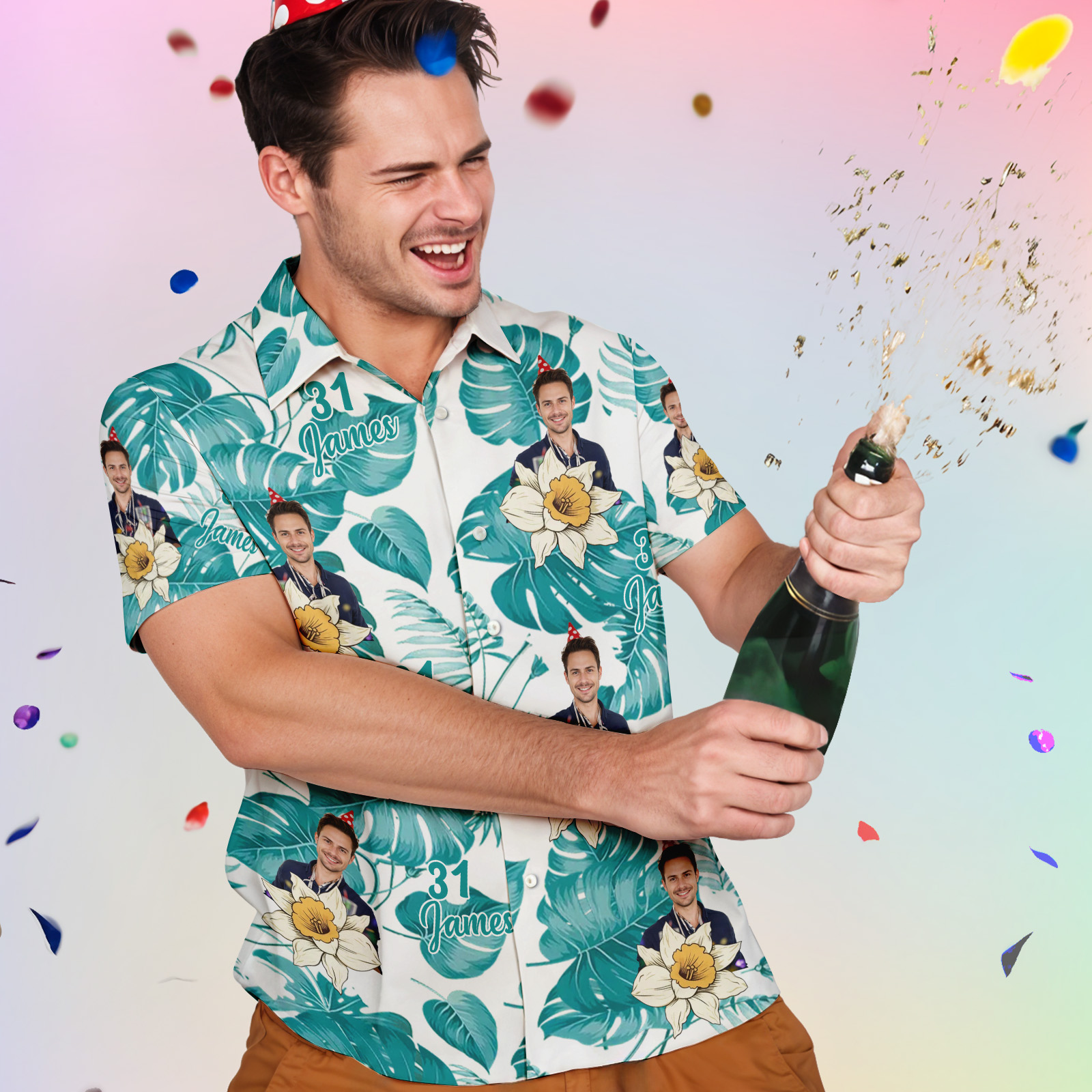 Hawaiihemd mit Gesicht Benutzerdefinierte Button-down-hemden Mit Geburtstagsblumen. Wählen Sie Ein Individuelles Geburtstagsblumen-foto, Ein Alter Und Einen Namen. Hawaii-hemden Als Geschenk Für Ihn-MyHawaiianShirtsDE