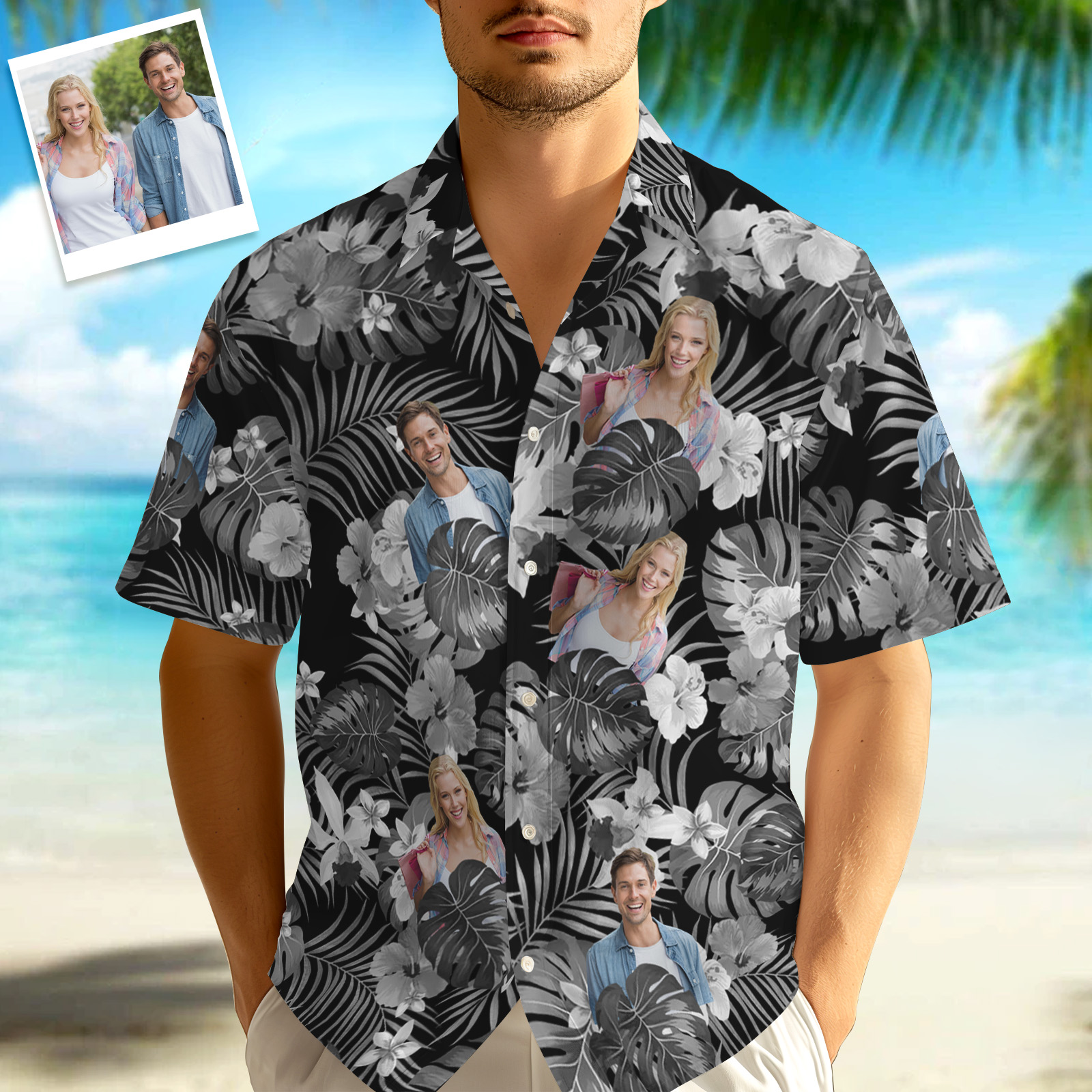 Hawaiihemd mit Gesicht Benutzerdefiniertes Hawaii-hemd 1-3 Fotos Optionales Foto Tropischer Stil Helles Hawaiianisches Button-down-hemd-MyHawaiianShirtsDE