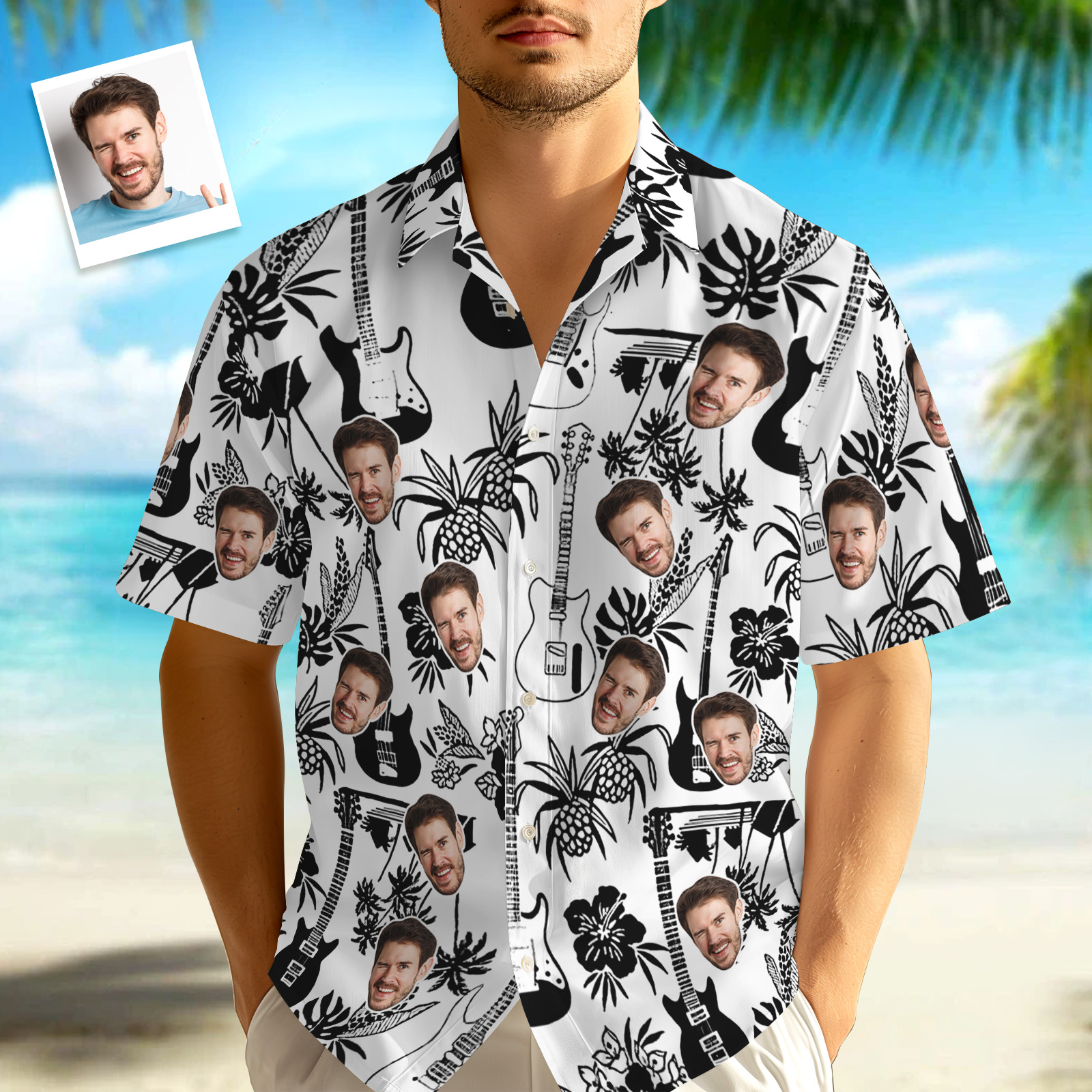 Hawaiihemd mit Gesicht Benutzerdefiniertes Foto-hawaii-shirt, 3d-e-gitarren-shirt-MyHawaiianShirtsDE