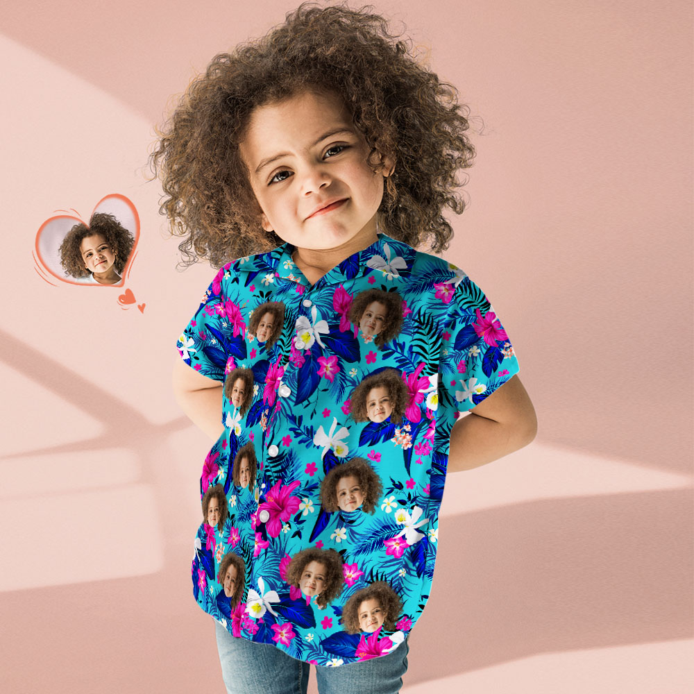 Hawaiihemd mit Gesicht Benutzerdefiniertes Hawaii-hemd Mit Gesicht, Personalisiertes Hawaii-hemd-logo Mit All-over-print, Rosa Blumen-hawaii-hemd Für Kinder-MyHawaiianShirtsDE