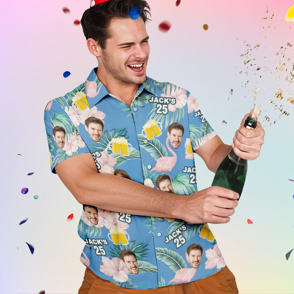 Hawaiihemd mit Gesicht Benutzerdefinierte Geburtstags-hawaii-hemden Mit Tropischen Pflanzen Und Bier, Personalisierte Gesichts-hemden Mit Alter Und Namen-MyHawaiianShirtsDE