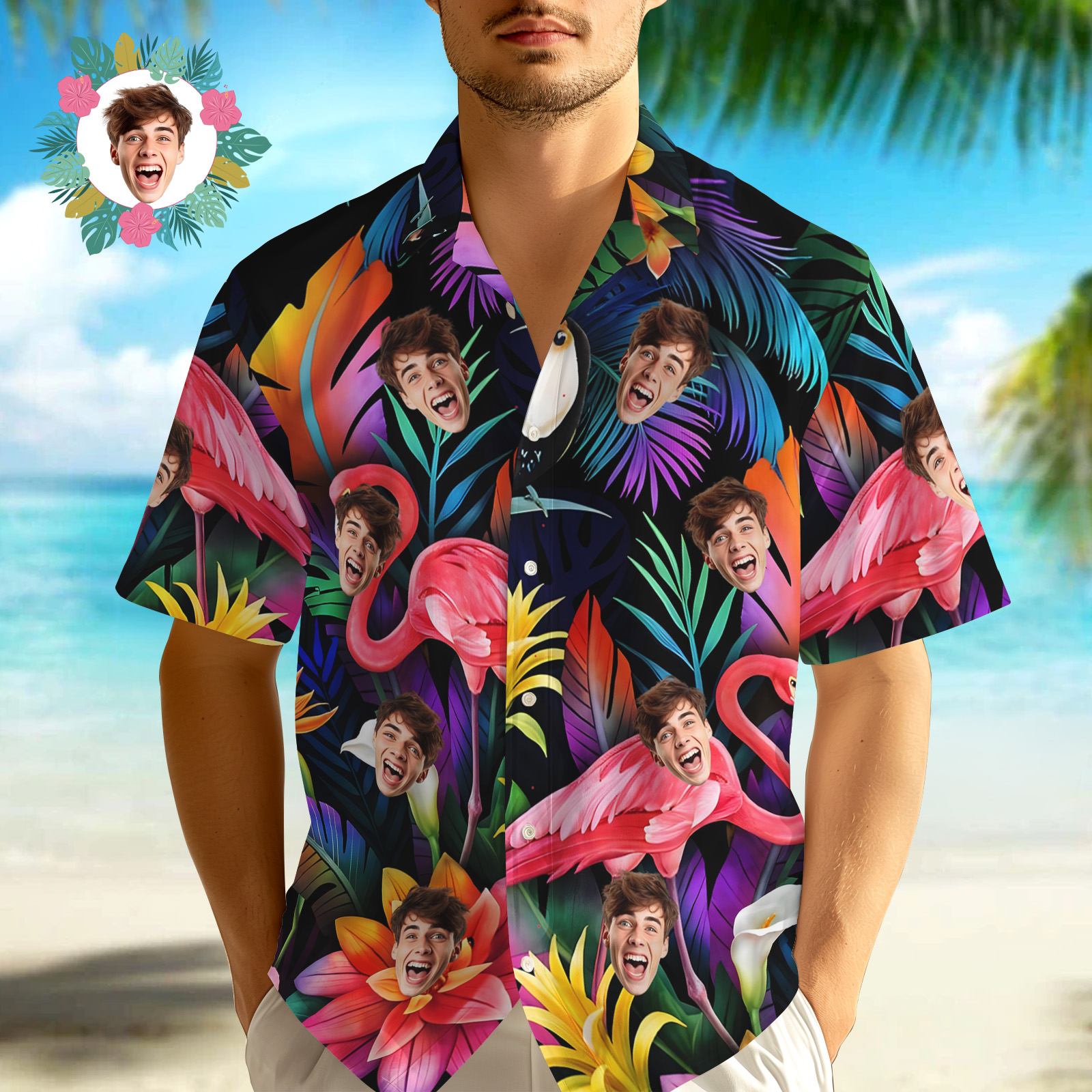 Hawaiihemd mit Gesicht Benutzerdefiniertes Flamingo-blumen-hawaii-hemd, Individuelles Gesichts-shirt-MyHawaiianShirtsDE