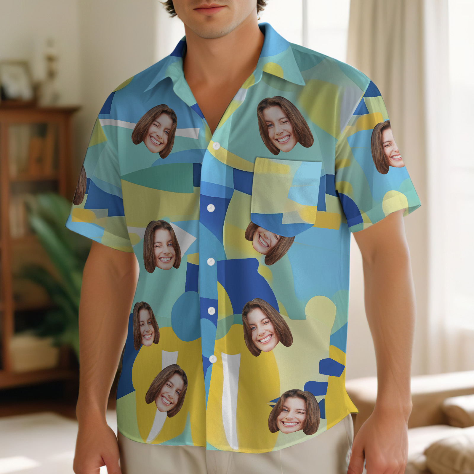 Hawaiihemd mit Gesicht Individuelle Foto-hemden Mit Bunten Geometrischen Formen, Individuelle Strand-hemden Für Ihn-MyHawaiianShirtsDE