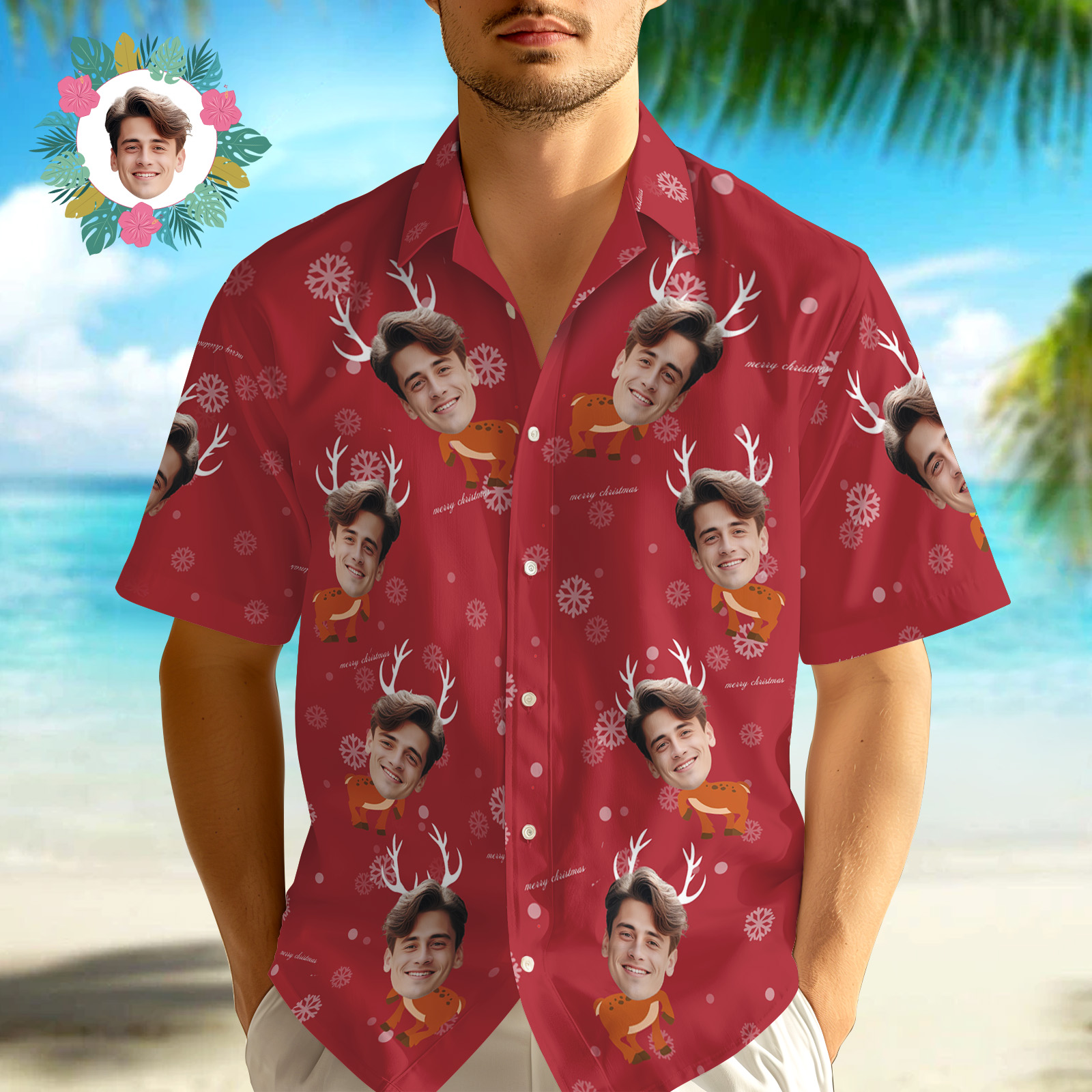 Hawaiihemd mit Gesicht Benutzerdefinierte Weihnachtsgesichts-button-down-hemden Benutzerdefinierte Gesichts-hawaii-hemden Mit Elch Für Ihn-MyHawaiianShirtsDE