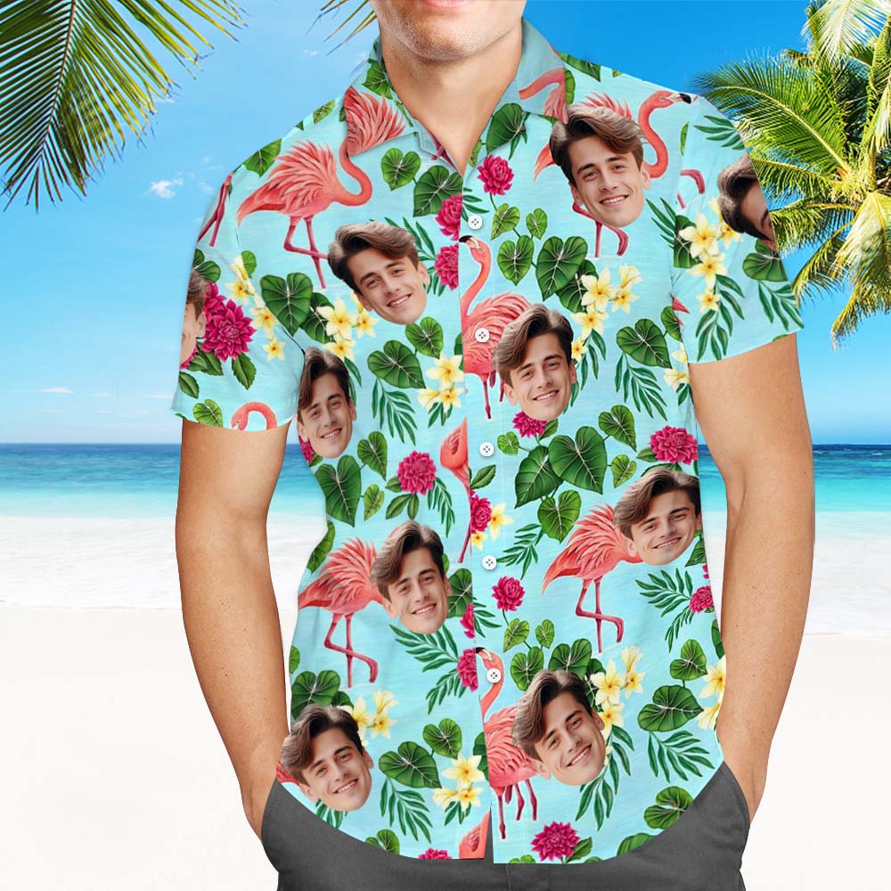 Hawaiihemd mit Gesicht Benutzerdefiniertes Gesicht Hawaii-hemden Buntes Flamingo-aloha-strandhemd – Hellblau-MyHawaiianShirtsDE