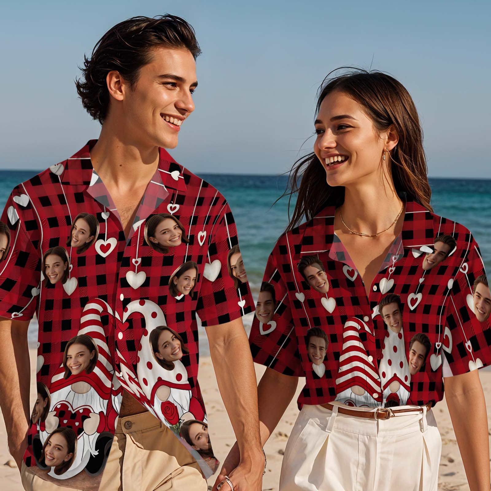 Hawaiihemd mit Gesicht Paar Hawaii-hemd, Rotes Valentinstag-zwerg-button-down-hemd, Geschenk Für Paare-MyHawaiianShirtsDE