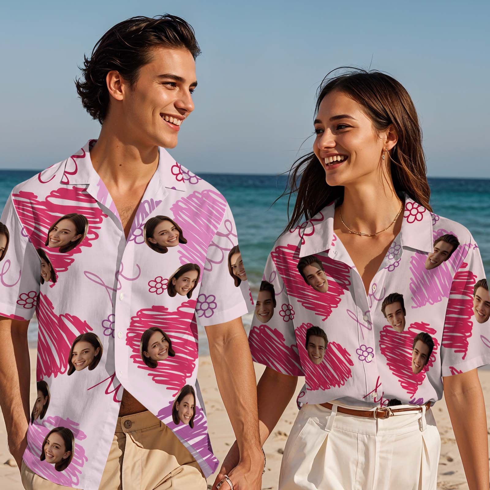 Hawaiihemd mit Gesicht Hawaiihemd Mit Individuellem Gesicht Für Paare Pinkheart Button-down-hemd Valentinstagsgeschenk