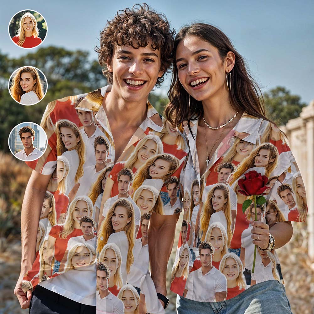 Hawaiihemd mit Gesicht Individuelles Hawaiianisches Aloha-shirt, Vintage-foto-button-down-hemden, Mit 3–6 Fotos, Geschenk Für Paare-MyHawaiianShirtsDE