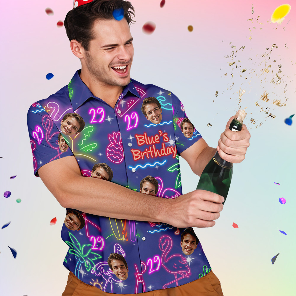 Benutzerdefinierte Neon Geburtstagsparty Hawaiian Shirt Personalisierte Alter & Text, Tropischen Flamingo Ananas Kokosnuss Baum Thema - MyHawaiianShirtsDE