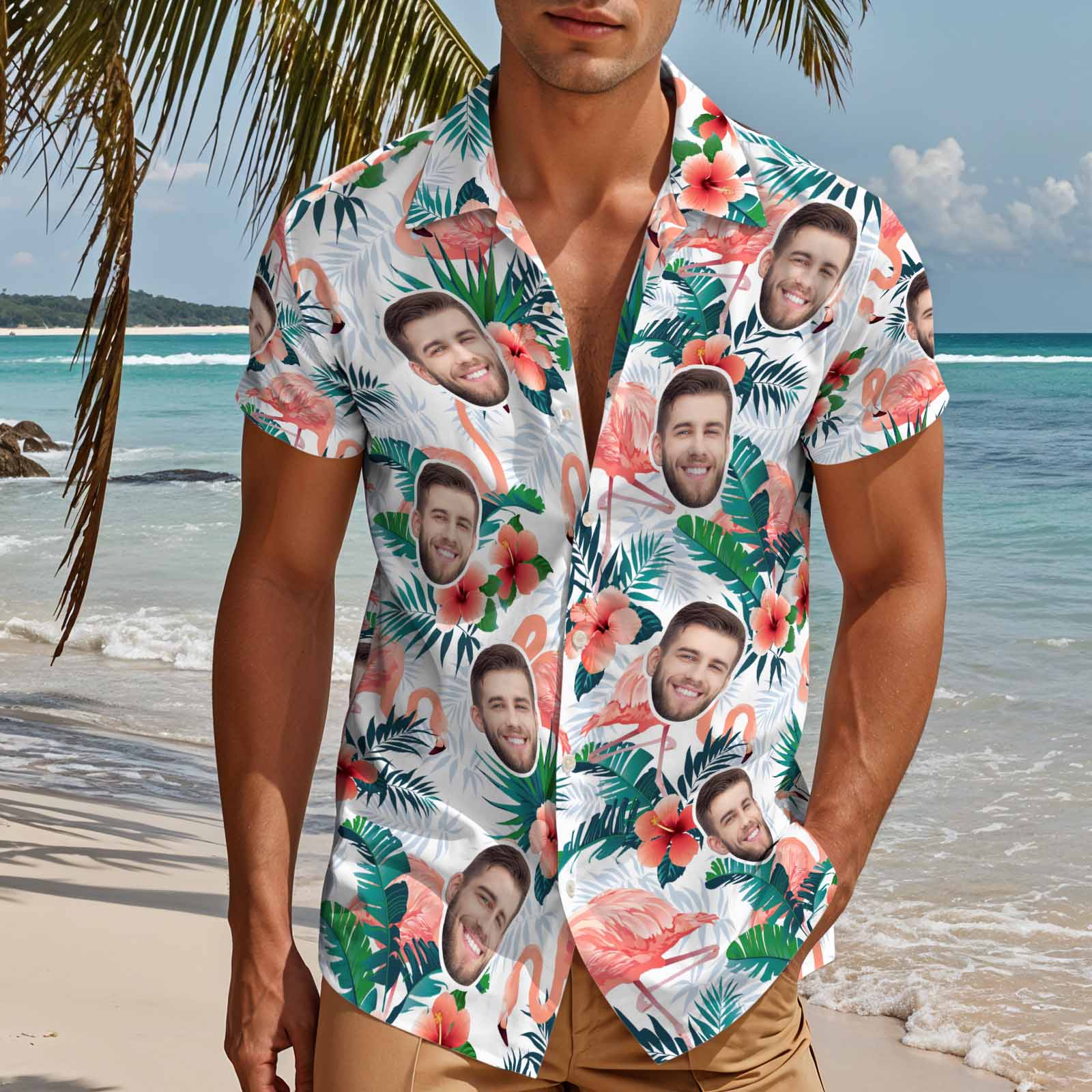 Benutzerdefinierte Gesicht Hawaiian Shirts Flamingo Männer Aloha Shirt-weiß - MyHawaiianShirtsDE