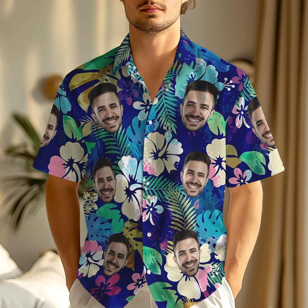 Benutzerdefinierte Gesicht Hawaiian Shirt Blau Tropischen Blätter & Blumen Strand Shirts Party Tragen - MyHawaiianShirtsDE