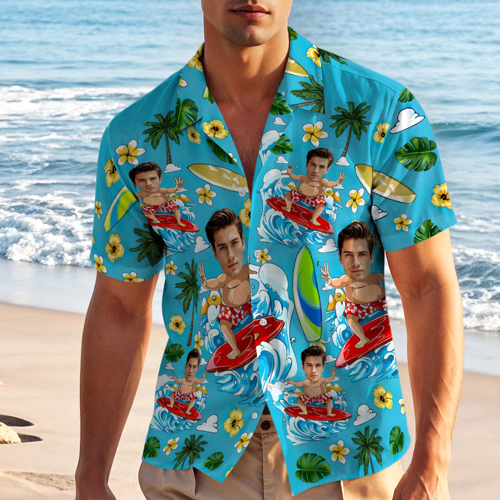 Benutzerdefiniertes Blaues Hawaiihemd, Personalisiertes Foto, Strand-surf-shirt, Gesichtsshirt