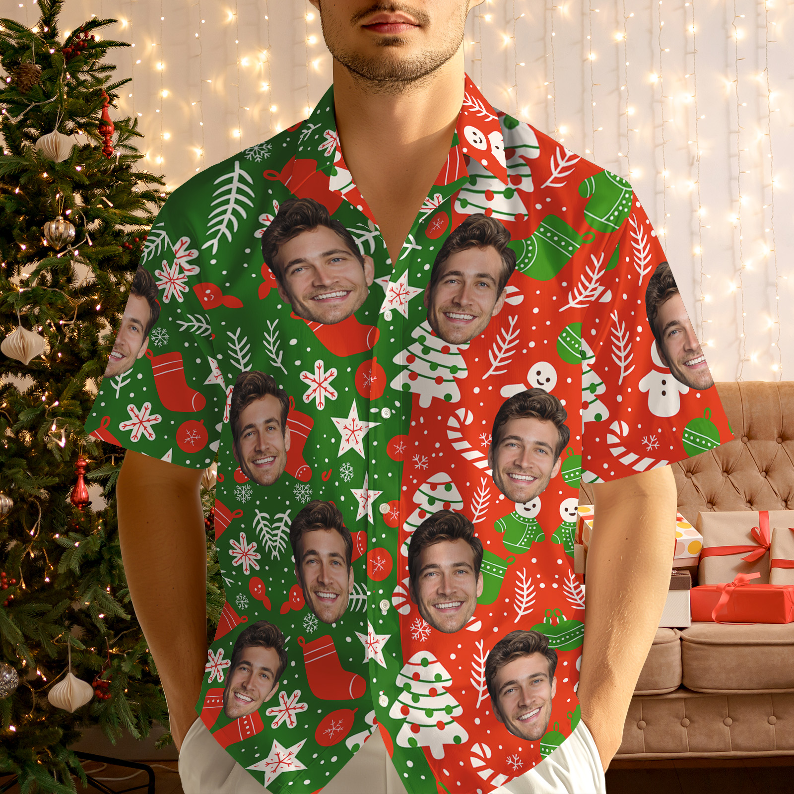 Personalisiertes Hawaiihemd Mit Individuellem Gesichtsmotiv Für Weihnachten, Festliche Anlässe Und Als Personalisiertes Weihnachtshemd Mit Knopfleiste - MyHawaiianShirtsDE