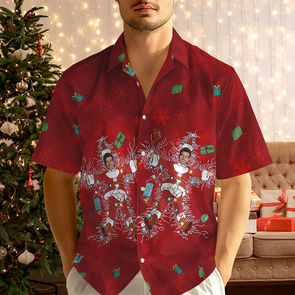 Personalisiertes Rotes Weihnachts-schneeflocken-foto-shirt Mit Individuellem Weihnachtsgesichtsdruck Und Knöpfen - MyHawaiianShirtsDE