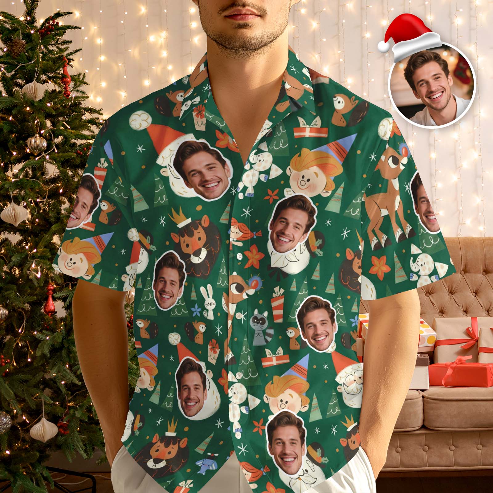 Individuell Gestaltetes Hawaiihemd, Grünes Weihnachtsmuster Mit Weihnachtsmotiven, Weihnachtsmann, Schneemann Und Geschenken