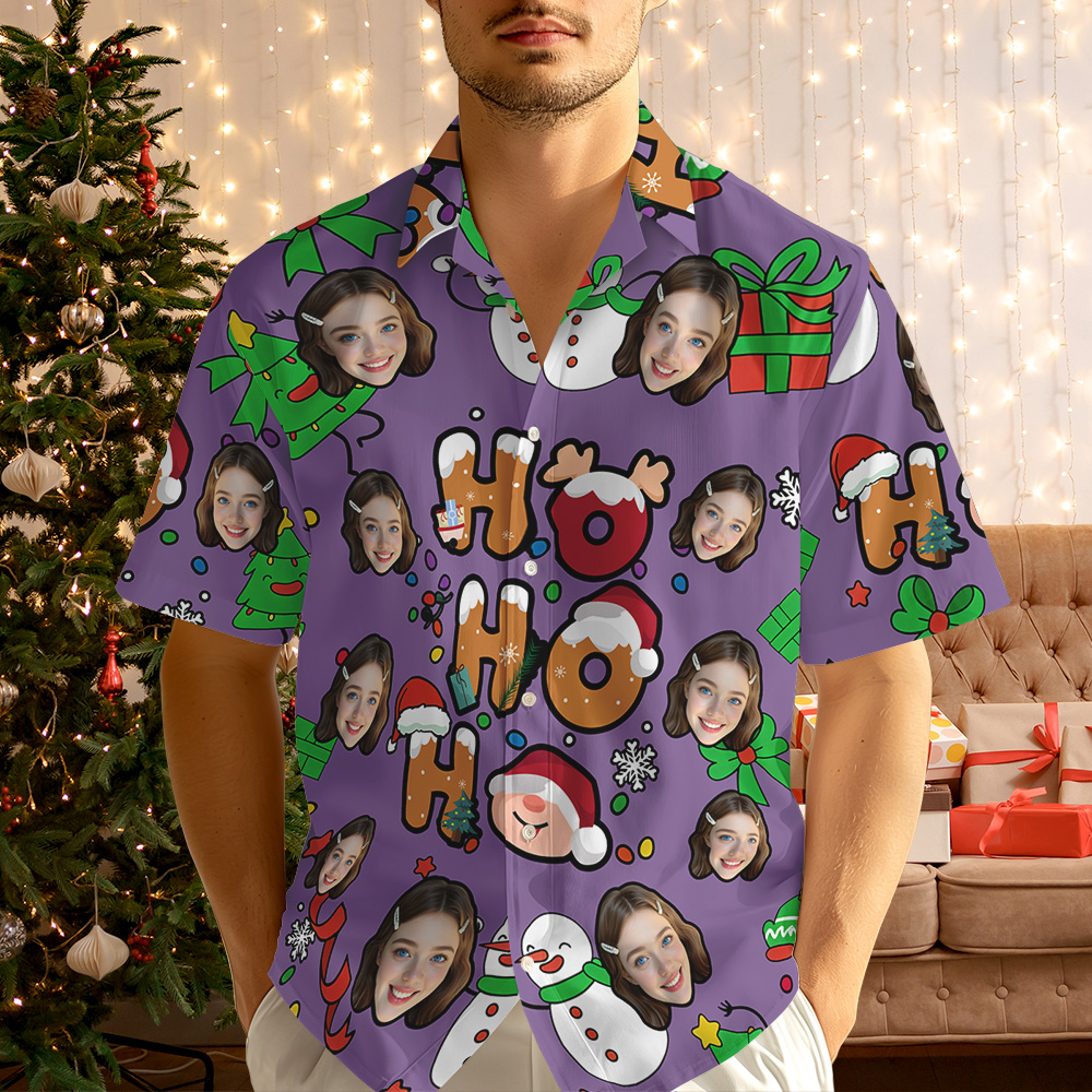 Hawaiihemd Mit Individuellem Foto „ho Ho Ho" – Weihnachts-hawaiihemd Mit Niedlichem Weihnachtsmann Und Weihnachtlichen Motiven