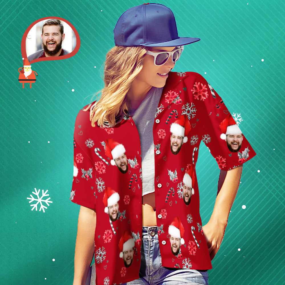 Hawaiihemd mit Gesicht Benutzerdefiniertes Gesicht-hawaii-hemd, Personalisierte Damenfoto-weihnachtshemden Mit Zuckerstangen F��r Frauen-MyHawaiianShirtsDE