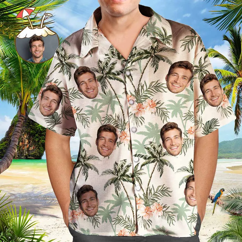 Hawaiihemd mit Gesicht Benutzerdefinierte Vintage-hawaii-hemden, Face-strand-hemd, Foto- Und Print-button-down-hemd Mit Blättern Und Kokosnussbaum-MyHawaiianShirtsDE