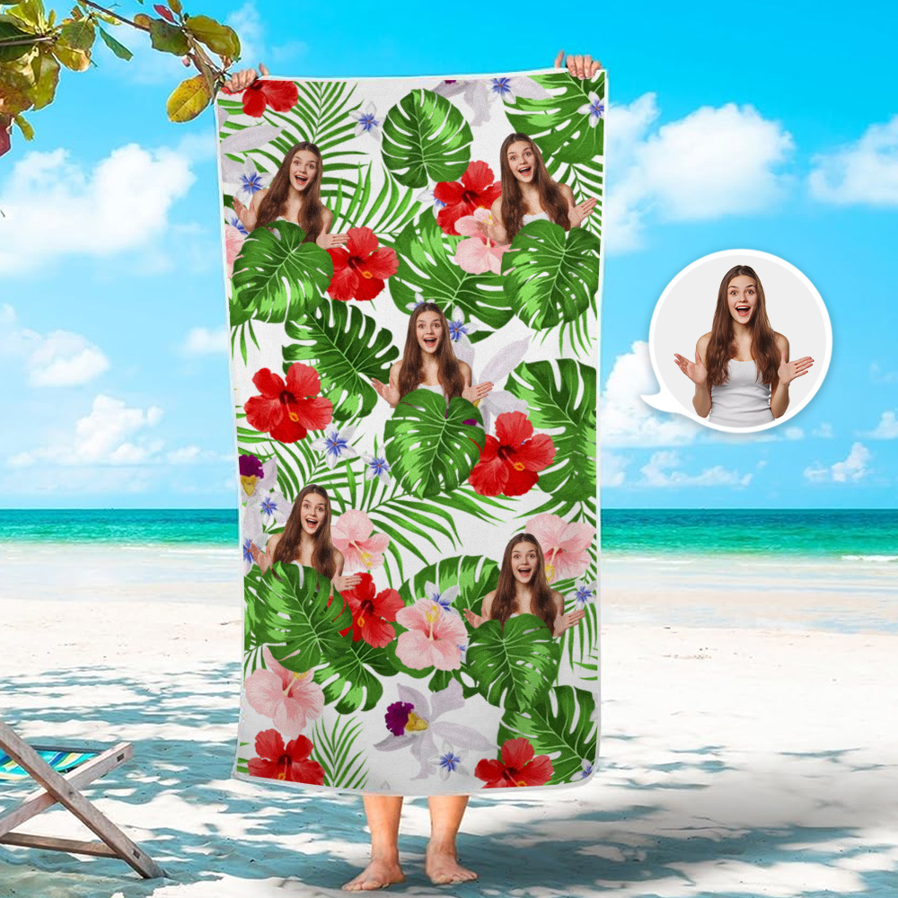 Benutzerdefiniertes Menschliches Foto-strandtuch Im Tropischen Stil