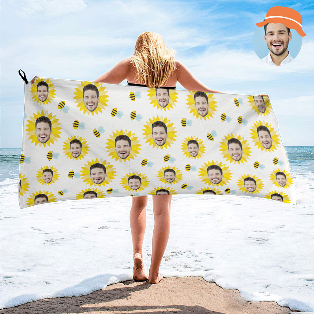 Benutzerdefiniertes Gesicht Weißes Sonnenblumen-strandtuch, Personalisiertes Foto-strandtuch, Lustiges Geschenk-MyHawaiianShirtsDE